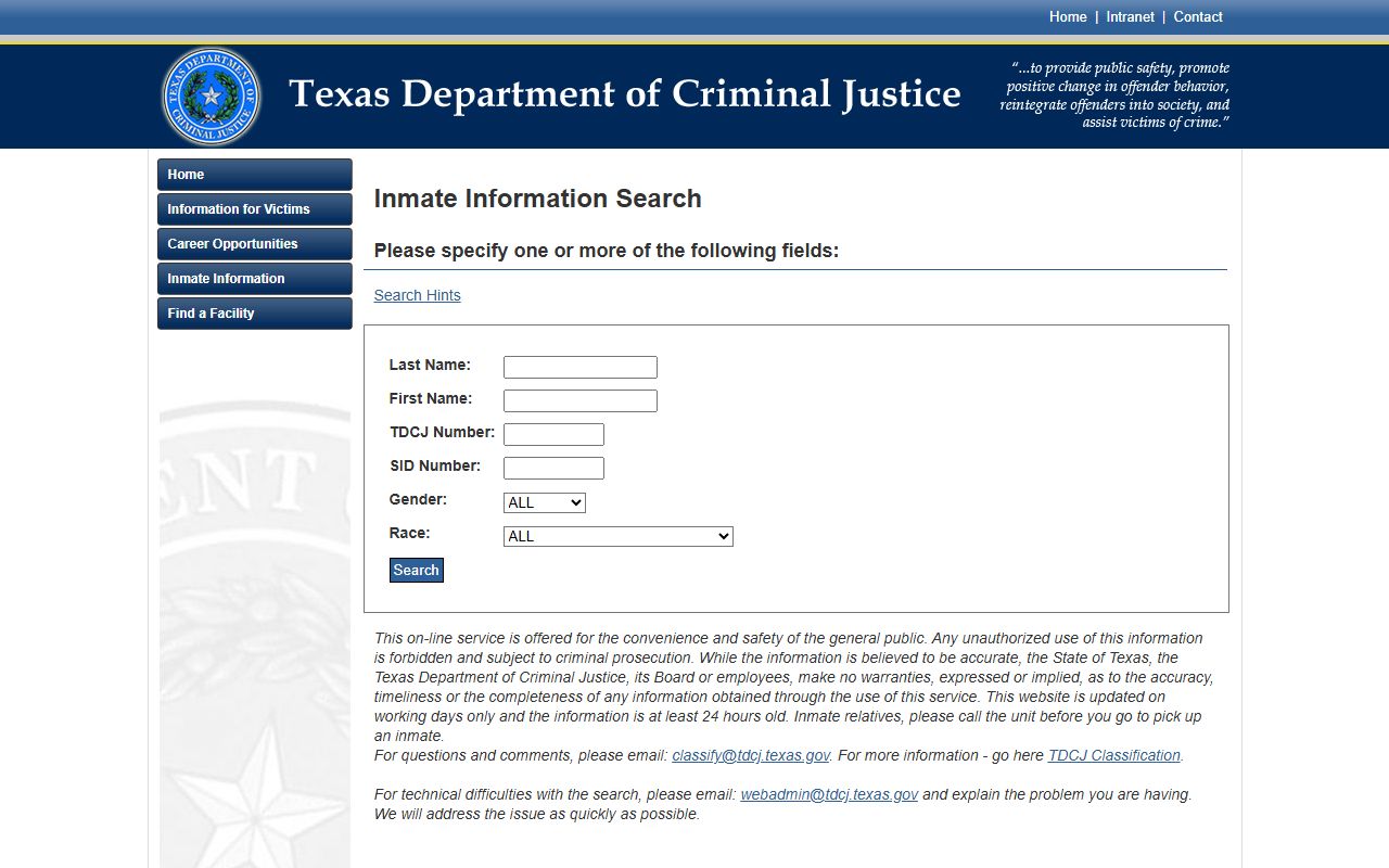 Stonewall County inmate search TDCJ locator fields